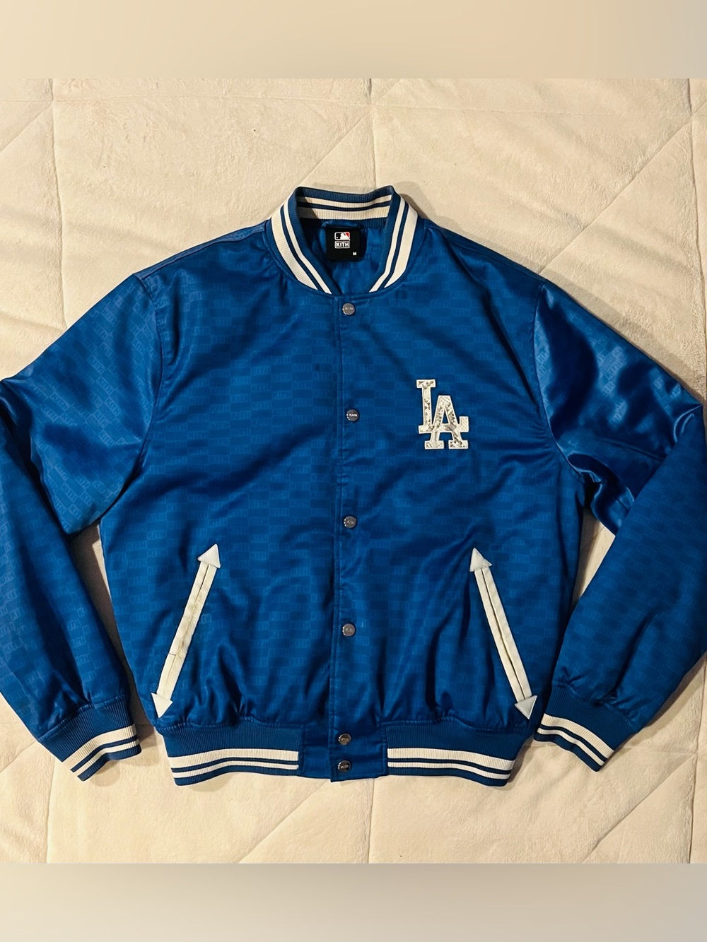 KITH MLB Los Angeles Dodgers Blue Snakeskin Satin Varsity Jacket Size Medium